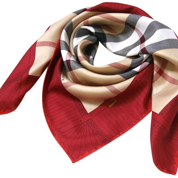 NWT Burberry Scarf Logo Iconic Beige Check Red Border Silk Wrap - Picture 15 of 15